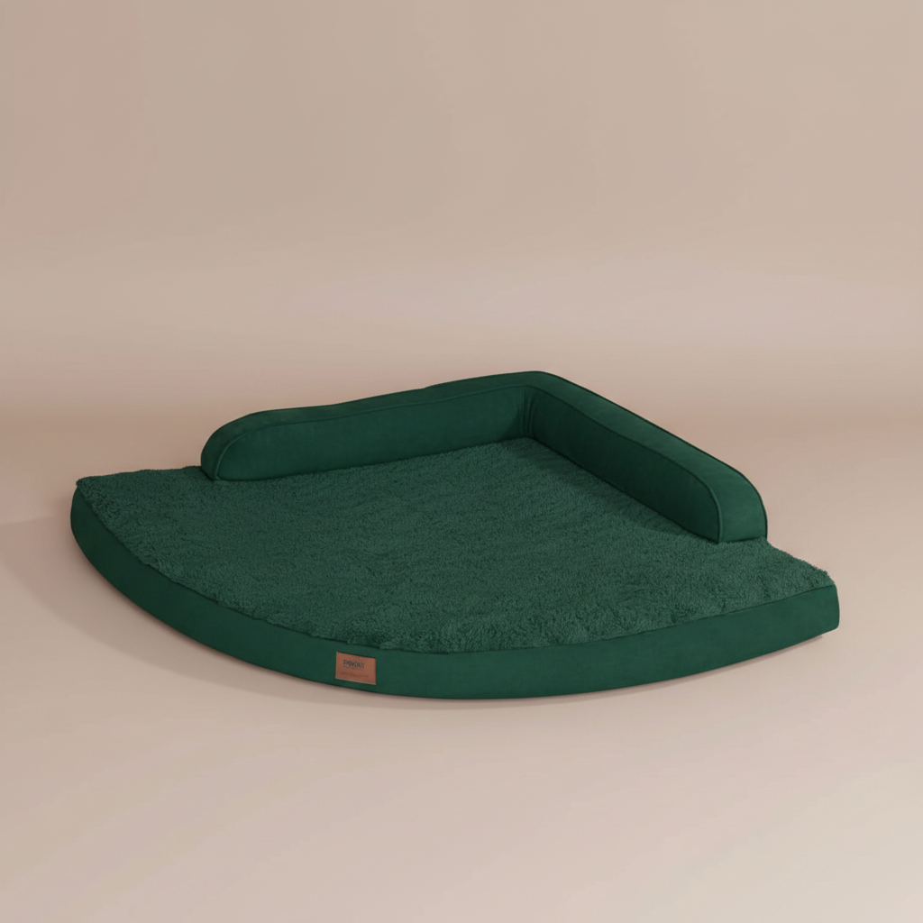 Image of a dark green pet bed with a beige background.
