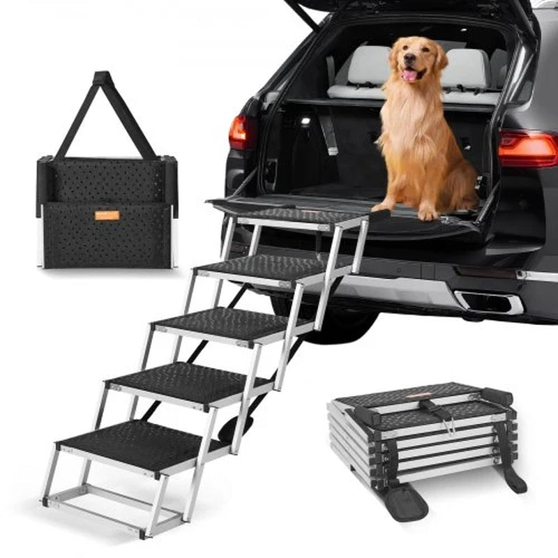 Dog Stair for Cars, Wide 5-Step Dog Car Steps, Folding Dog Car Ramp with Nonslip Surface, Portable Pet Steps Lightweight Aluminum for Car, SUV and Truck, Supports up to 150 Lbs