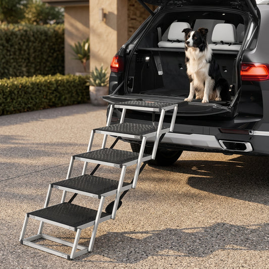 Dog using a set of folding steps to enter a car in the driveway outside of a home.