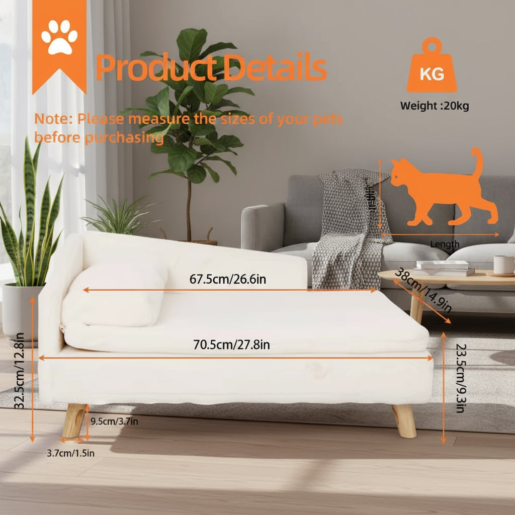 Luxury Elevated Dog Sofa Bed with Backrest Plush Cushion Wooden Legs Raised Dog Bed Lounger Chair for Small Medium Dog Cat Chair