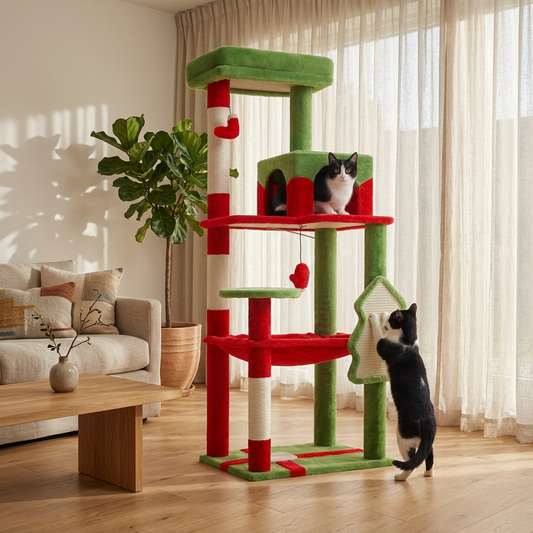 Christmas themed Cat tree with multiple levels and a cat climbing on it, in a living room setting