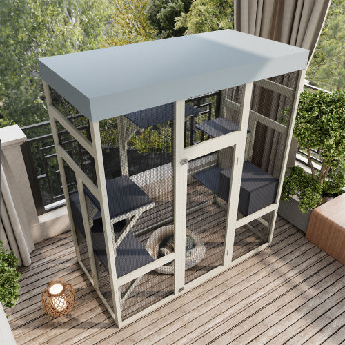 62.6" Gray Wooden Catio Outdoor Pet Enclosure with Waterproof Top - Spacious and Secure Cat House &amp; Small Animal Cage with Black Rust-proof Metal Wire