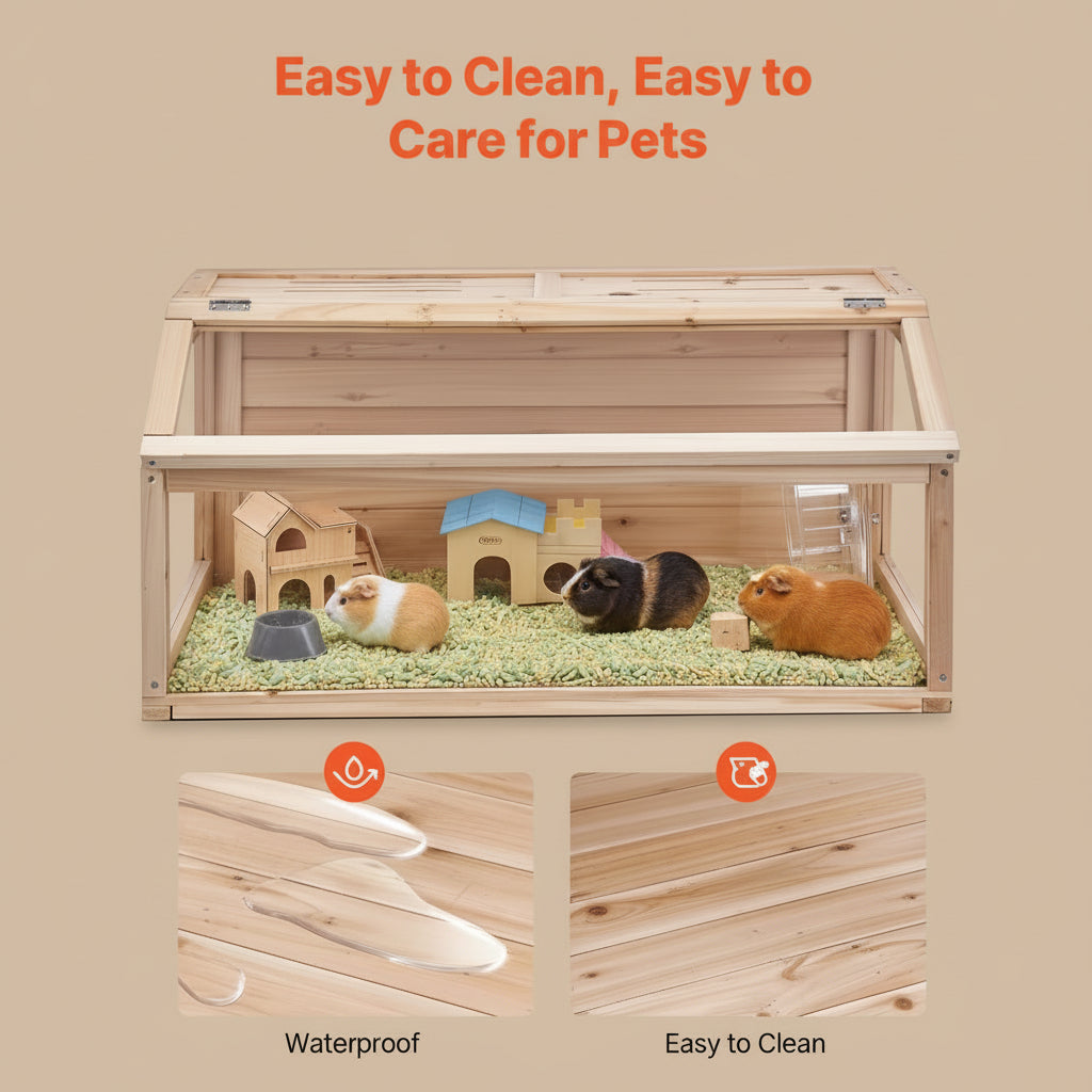 Wooden pet cage with two small animals inside, featuring text 'Easy to Clean, Easy to Care for Pets'.