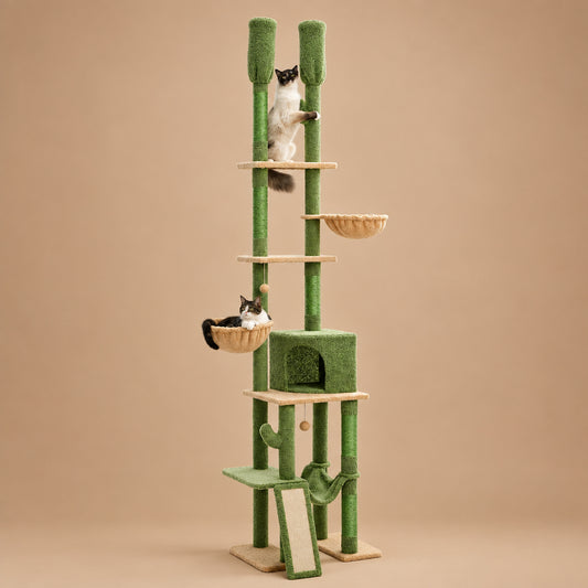 Green cat tree with multiple levels and a cat perched on it against a beige background