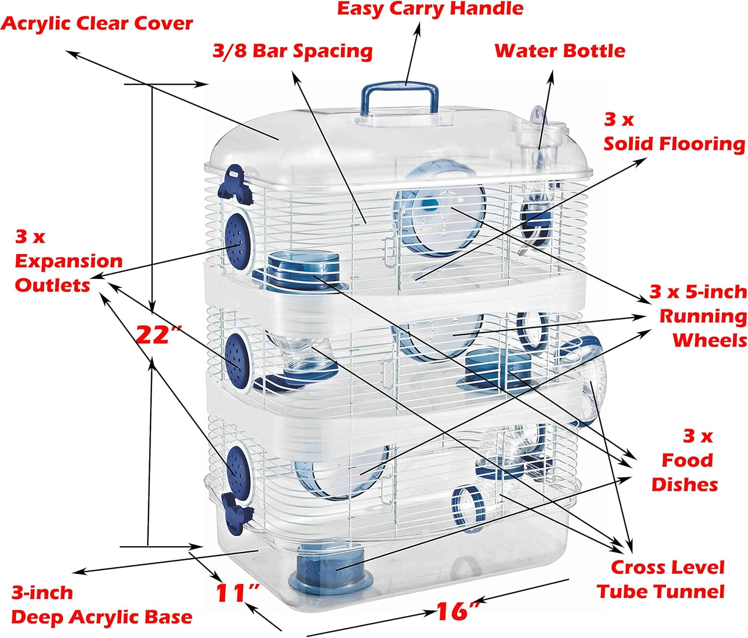 Acrylic Clear Expandable and Customizable 3-Solid Floor Levels Habitat Hamster Rodent Gerbil Mouse Mice Cage Clear Transparent