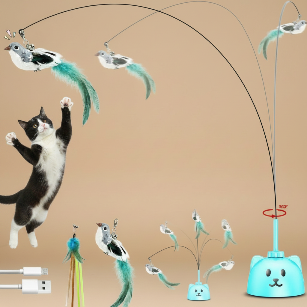 Cat toy set with moving birds and cat jumping up on a beige background