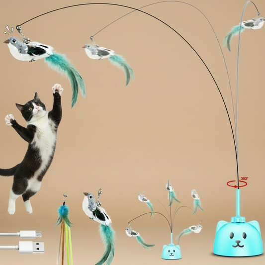 Cat toy set with moving birds and cat jumping up on a beige background