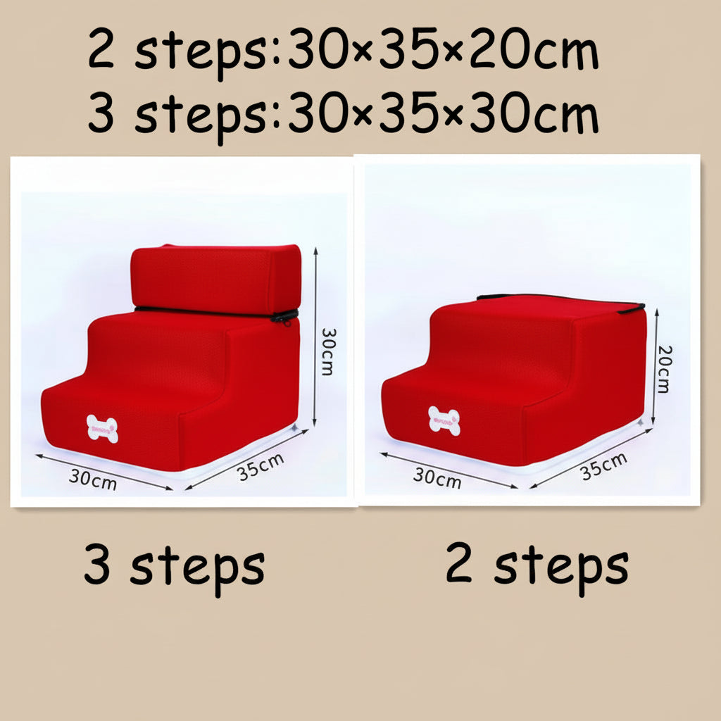 Red pet steps with dimensions labeled on a white background