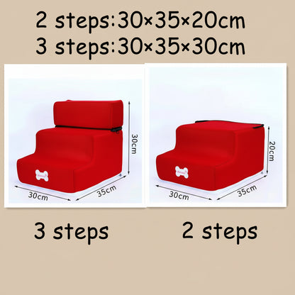 Red pet steps with dimensions labeled on a white background