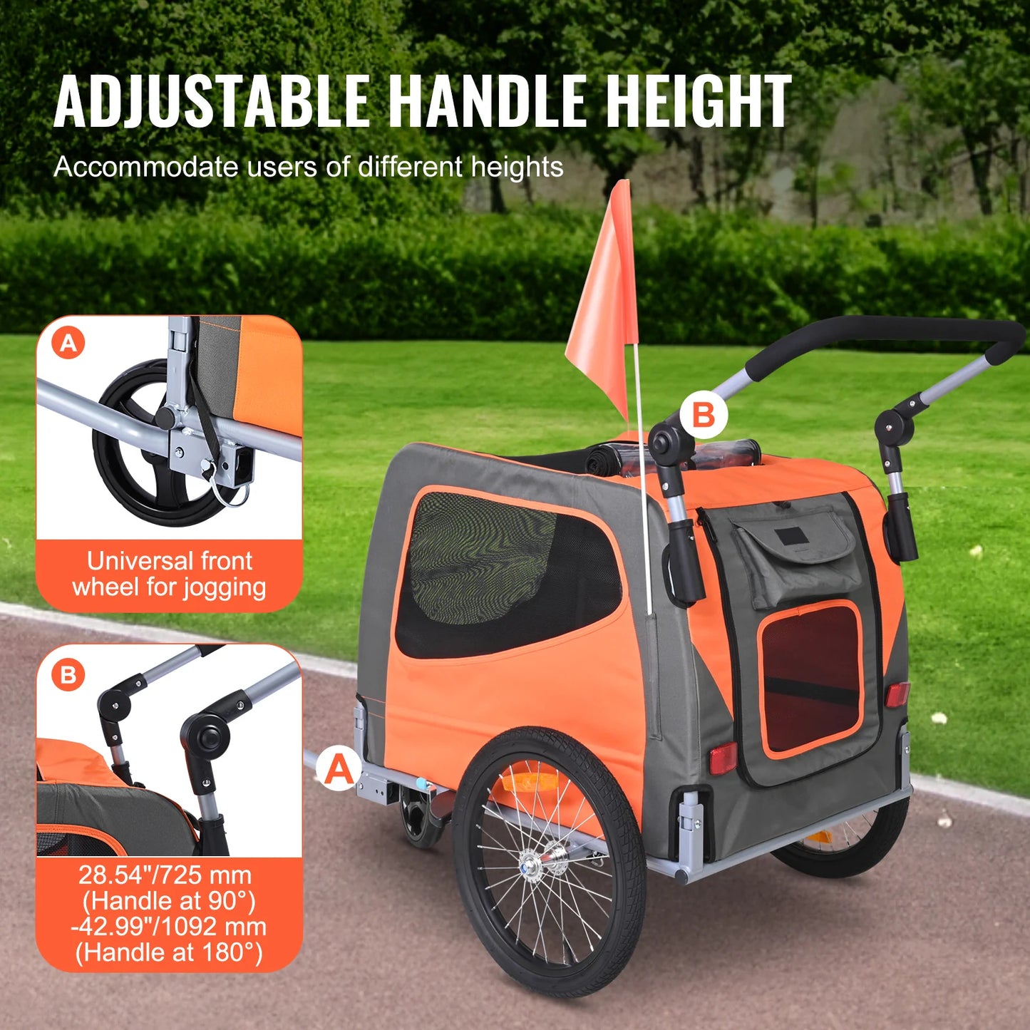 Dog Bike Trailer, Supports up to 66 Lbs, 2-In-1 Pet Stroller Cart Bicycle Carrier, Easy Folding Cart Frame with Quick Release Wheels, Universal Bicycle Coupler, Reflectors, Flag, Orange/Gray