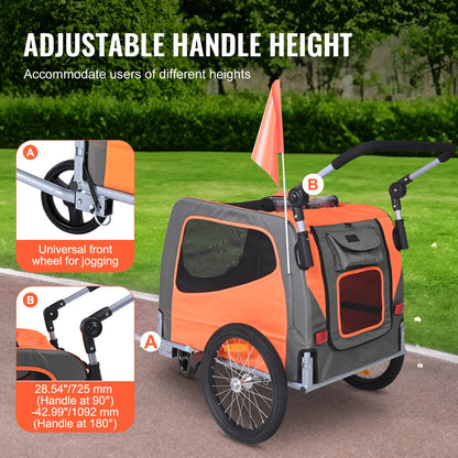 Dog Bike Trailer, Supports up to 66 Lbs, 2-In-1 Pet Stroller Cart Bicycle Carrier, Easy Folding Cart Frame with Quick Release Wheels, Universal Bicycle Coupler, Reflectors, Flag, Orange/Gray