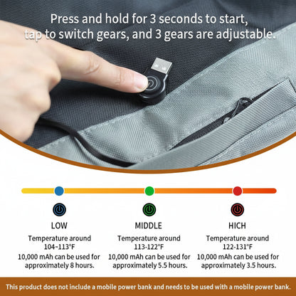 Hand pressing a device on a bag with temperature adjustment instructions and battery life details.