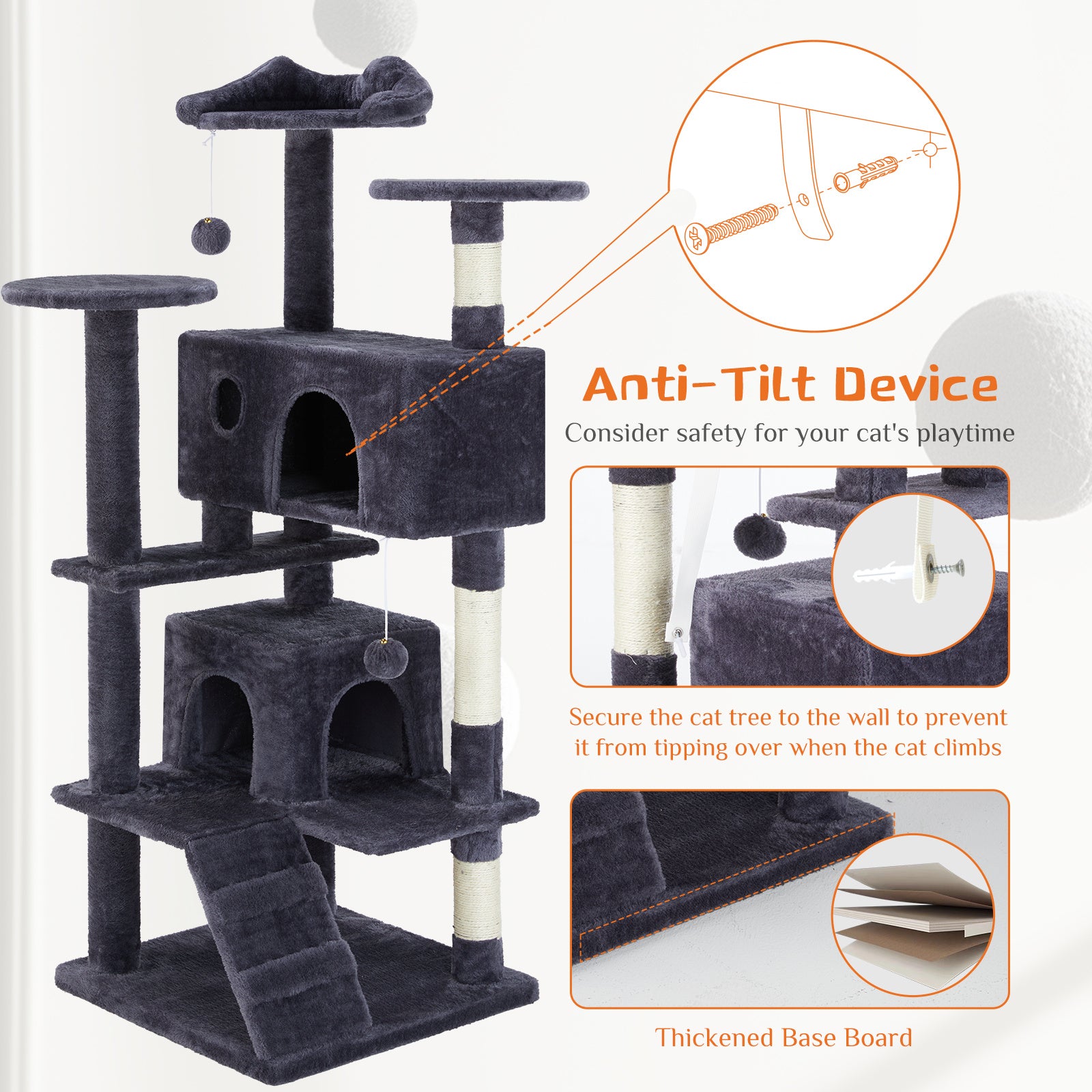 Cat tree with anti-tilt device and thick base board on a white background