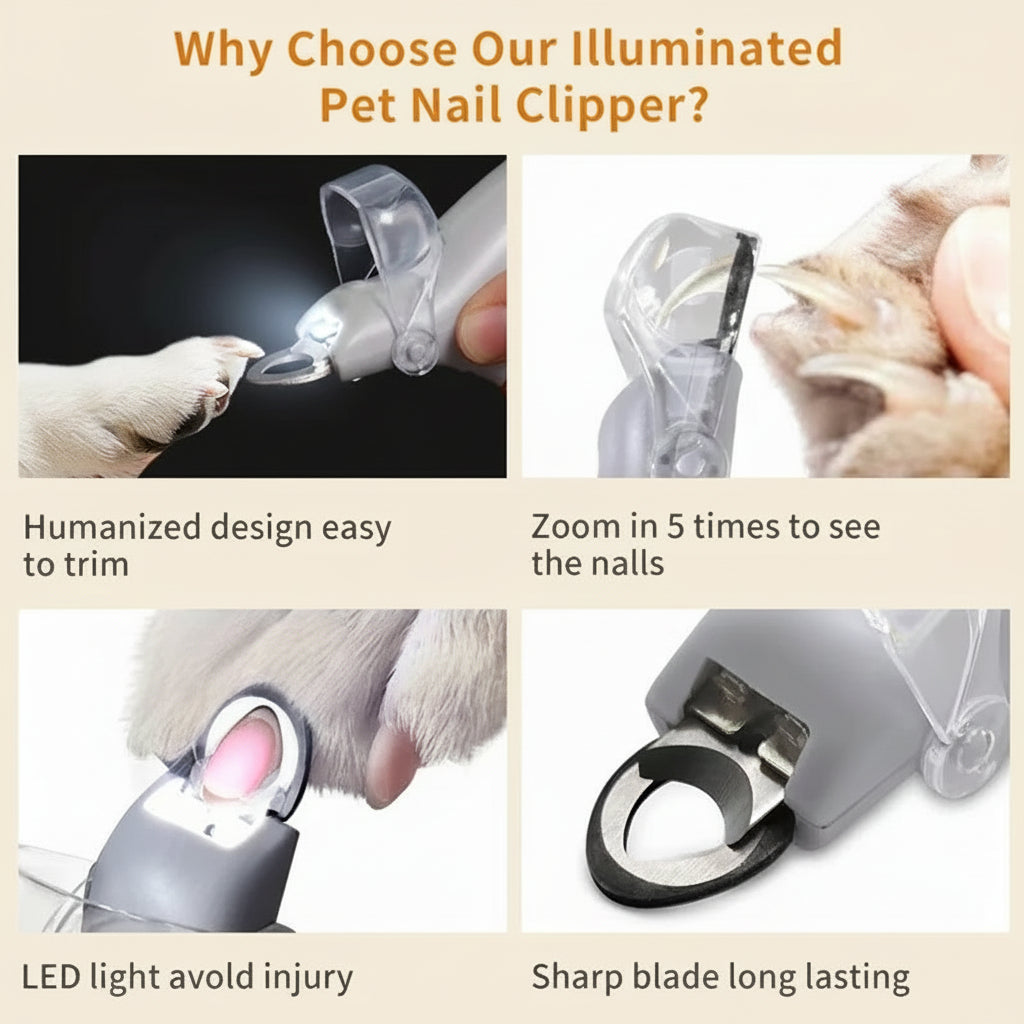 Promotional image of illuminated pet nail clipper with features highlighted.