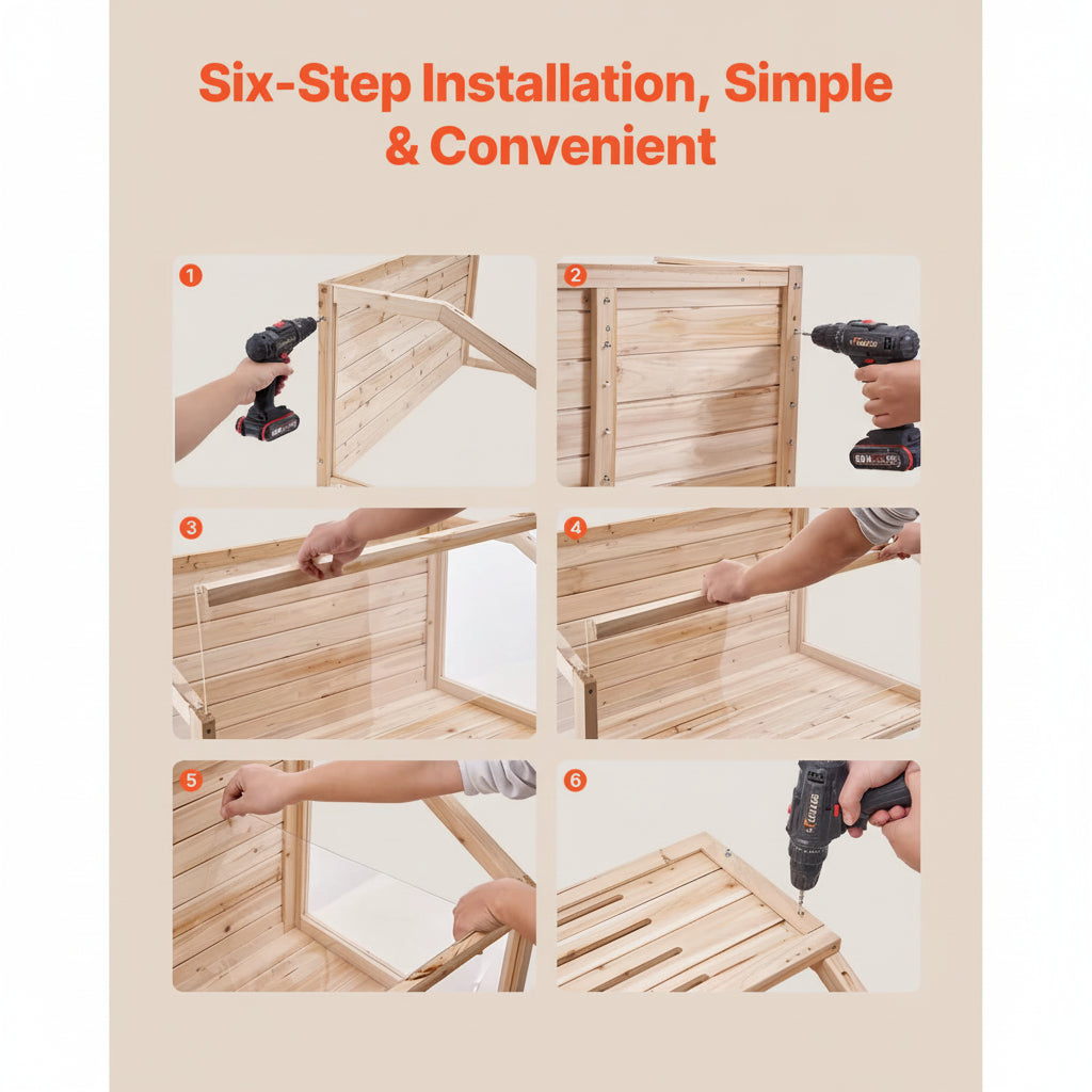 Step-by-step installation guide for a wooden product with text 'Six-Step Installation, Simple & Convenient' at the top.