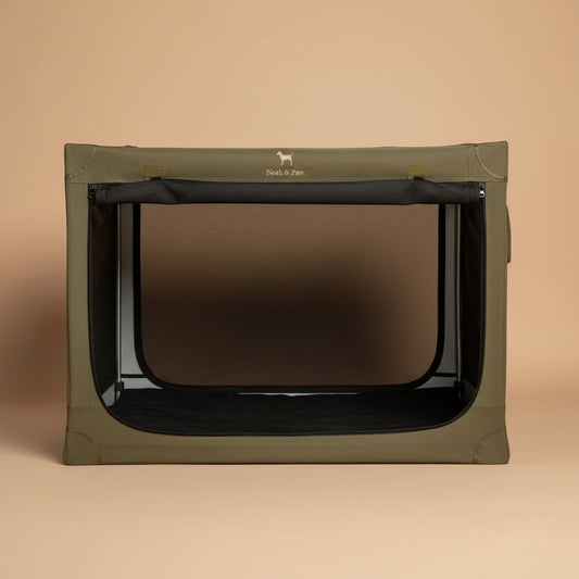 Green portable dog house on a beige background
