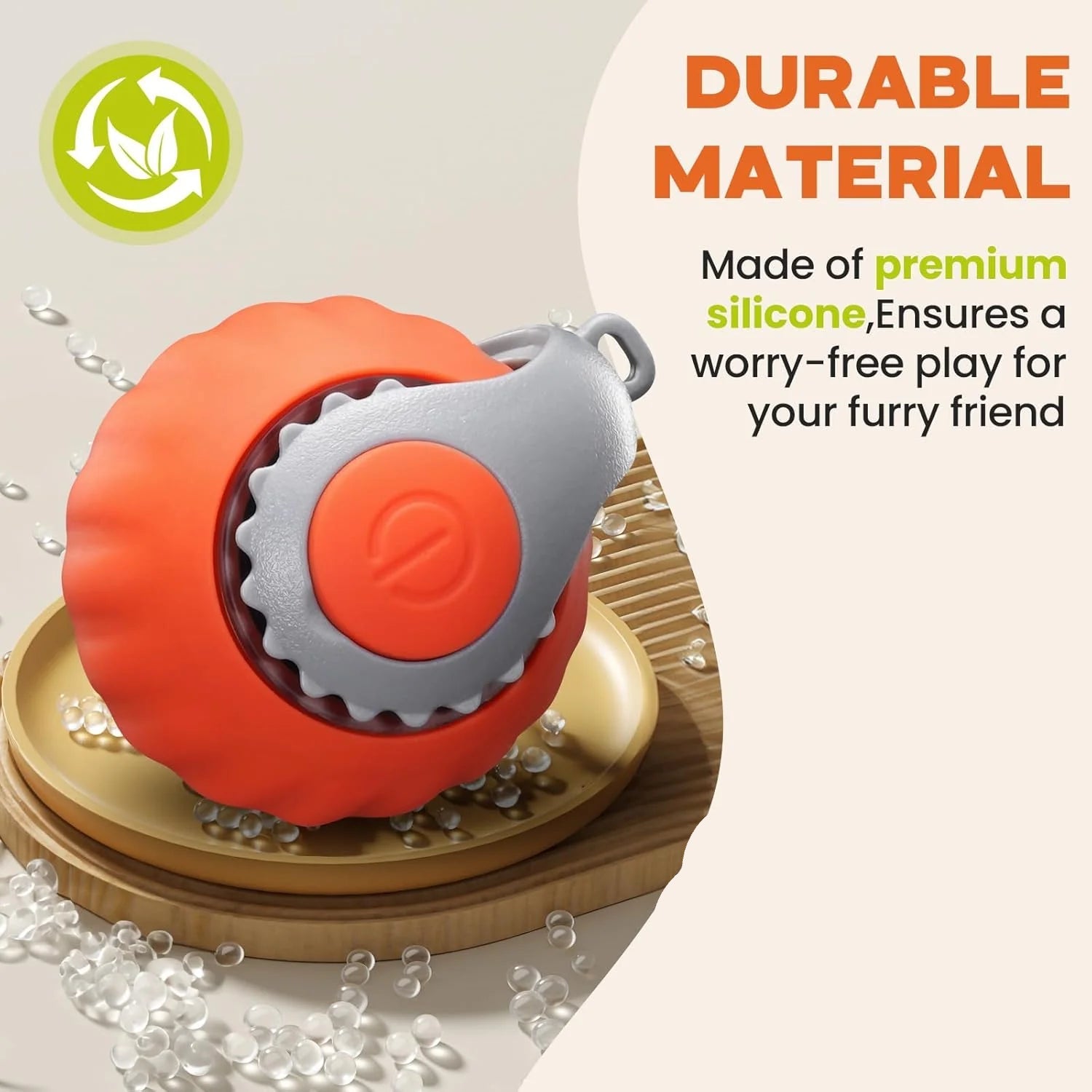 Cat toy with durable material text and a cat holding a gift box.