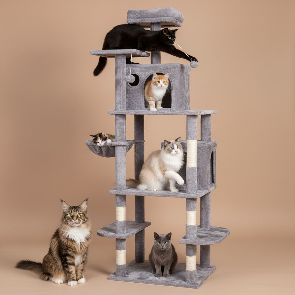 Cat tree with multiple cats on a beige background