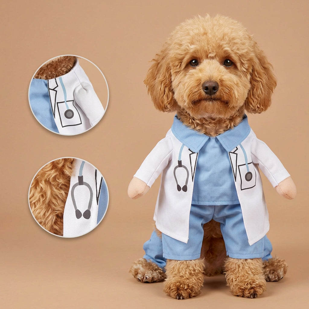 Dog dressed as a doctor with a stethoscope, on a beige background.