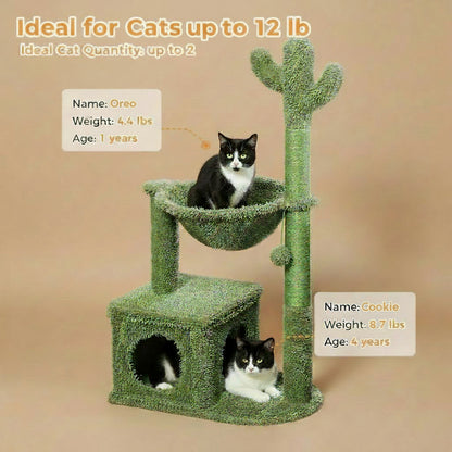 Green cat tree with two cats on a wooden floor, text indicating ideal use for cats up to 12 lbs.