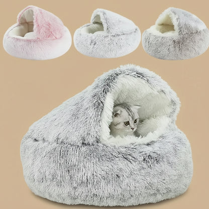 Fluffy pet bed with a cat inside, shown in gray, pink, and white.