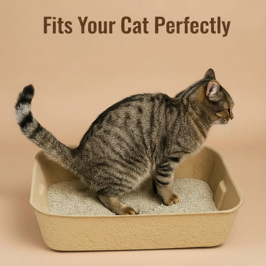 Cat using a disposable litter box with a beige background