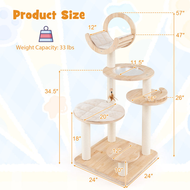 4-In-1 Large Wooden Cat Tower with Space Capsule Nest for Indoor Cats