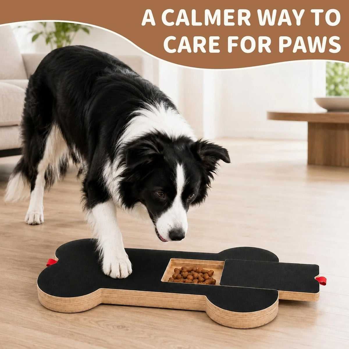 A black and white dog stands on a bone-shaped pet mat with a food tray in a bright living room. Text at the top reads, 'A CALMER WAY TO CARE FOR PAWS.