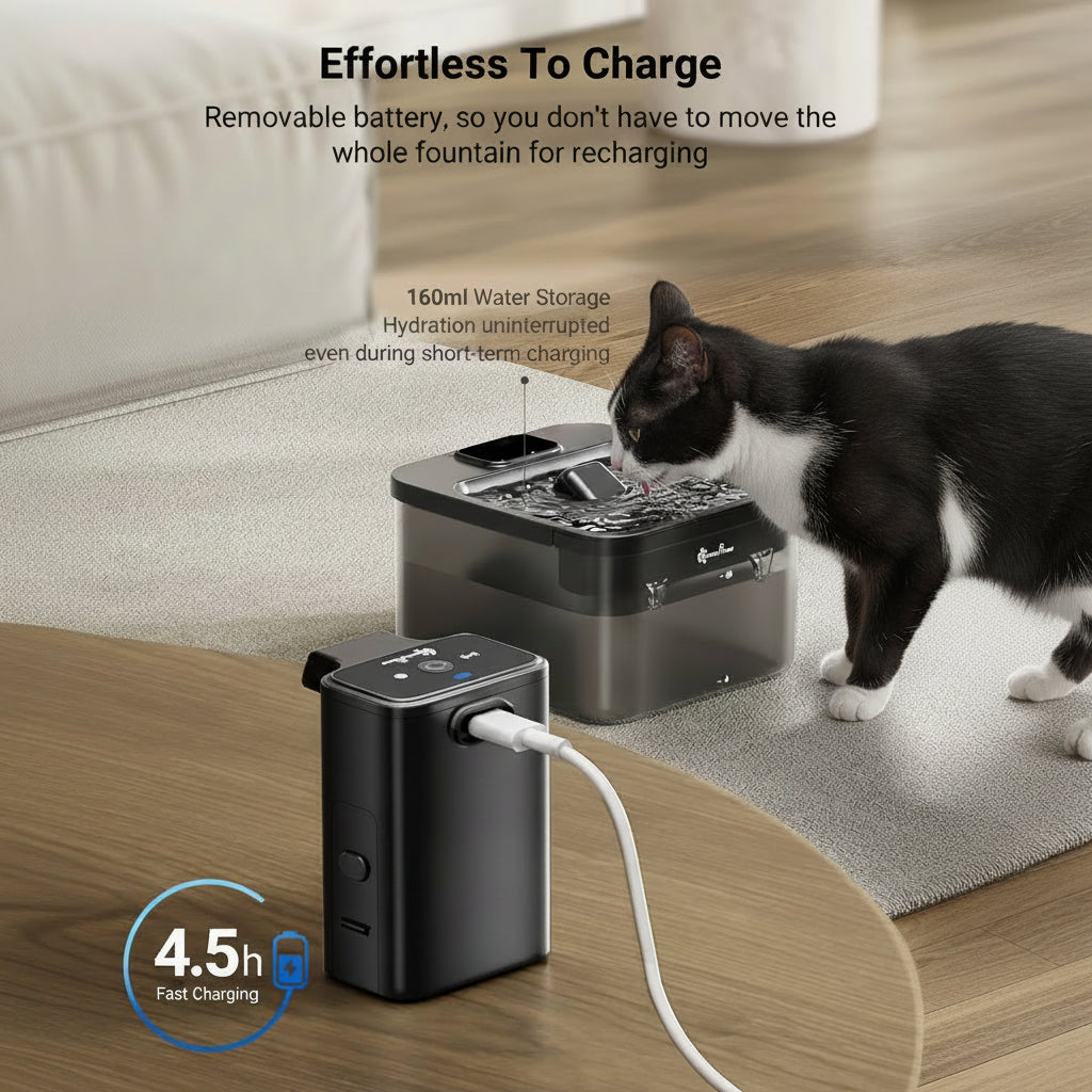 Pet fountain with charging station and cat drinking water, emphasizing ease of use and charging.