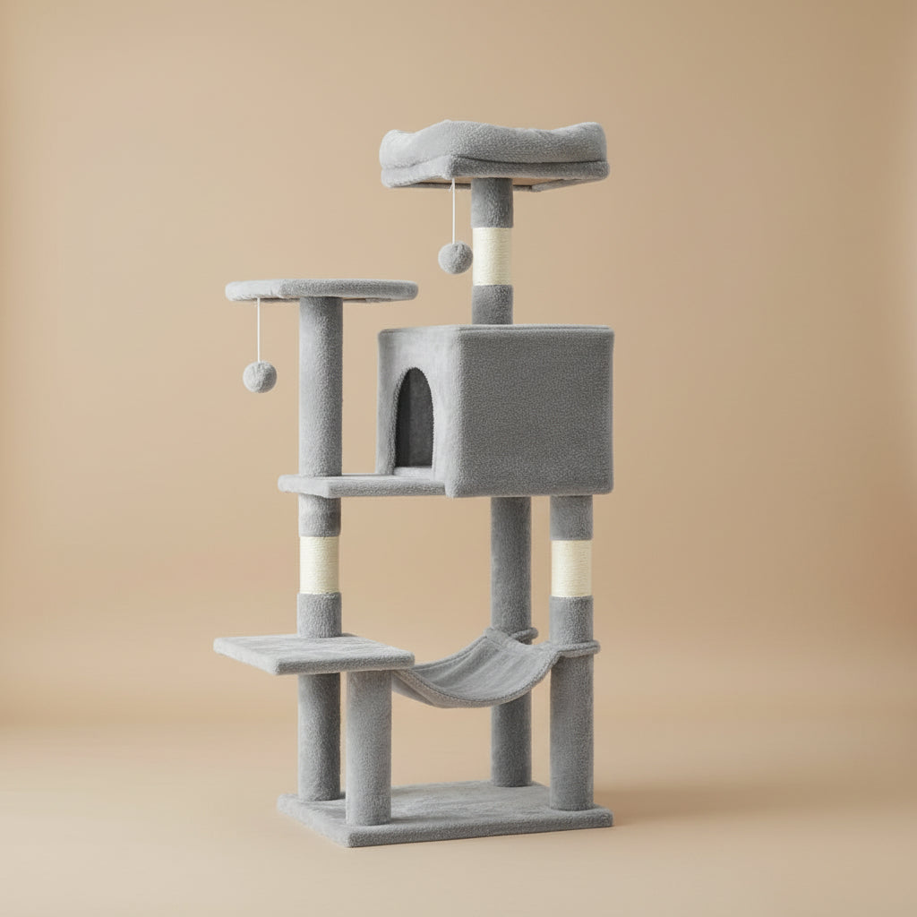 Gray cat tree with multiple levels and perches in a living room setting.