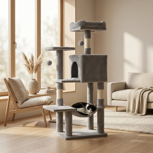 Black and white cat curled up in hammock of Gray cat tree with multiple levels and perches in a living room setting.