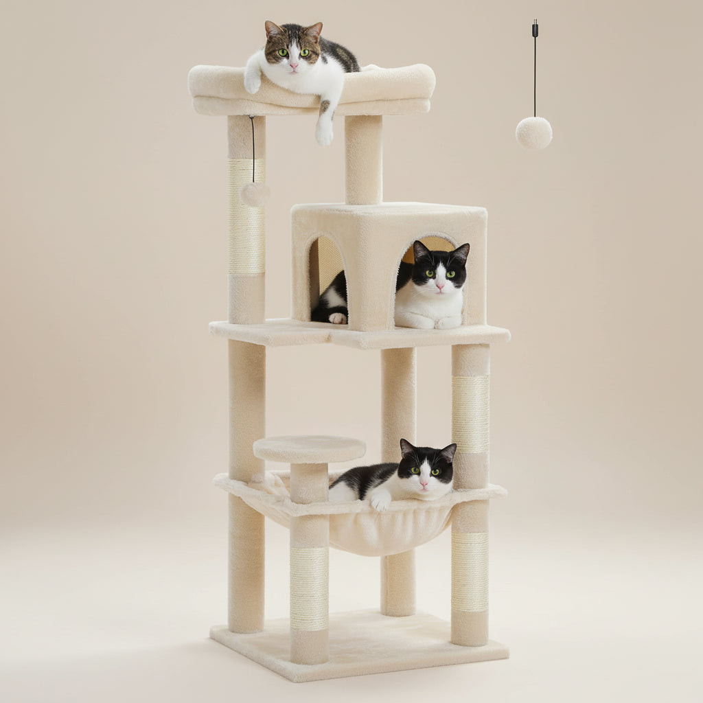 Cat tree with multiple cats on different levels against a white background