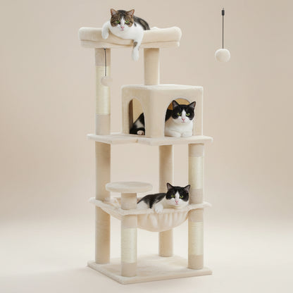 Cat tree with multiple cats on different levels against a white background