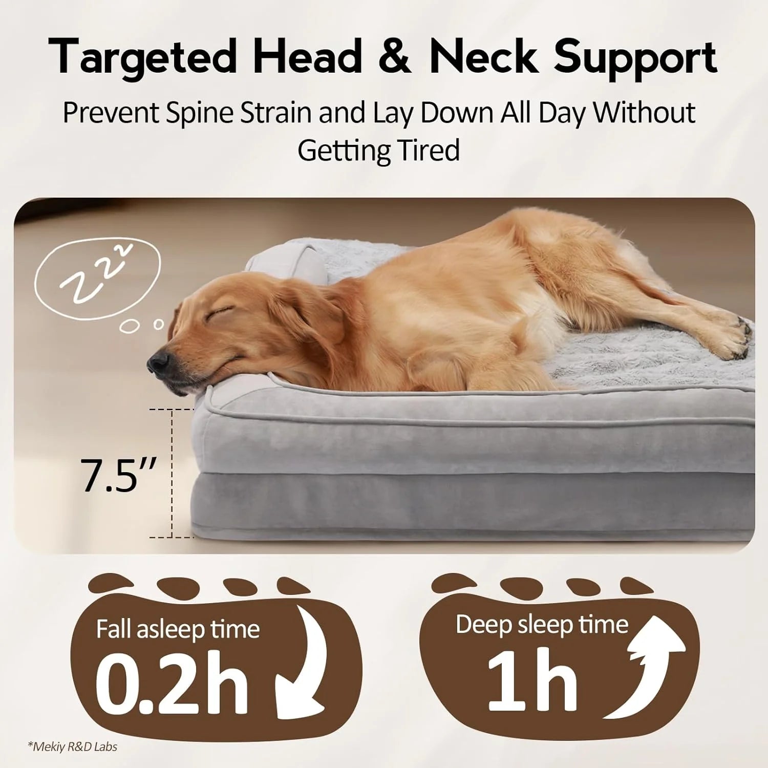 Dog sleeping on a gray pet bed with text highlighting targeted head and neck support.