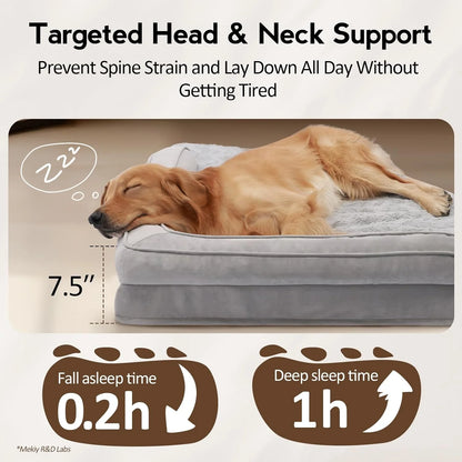 Dog sleeping on a gray pet bed with text highlighting targeted head and neck support.