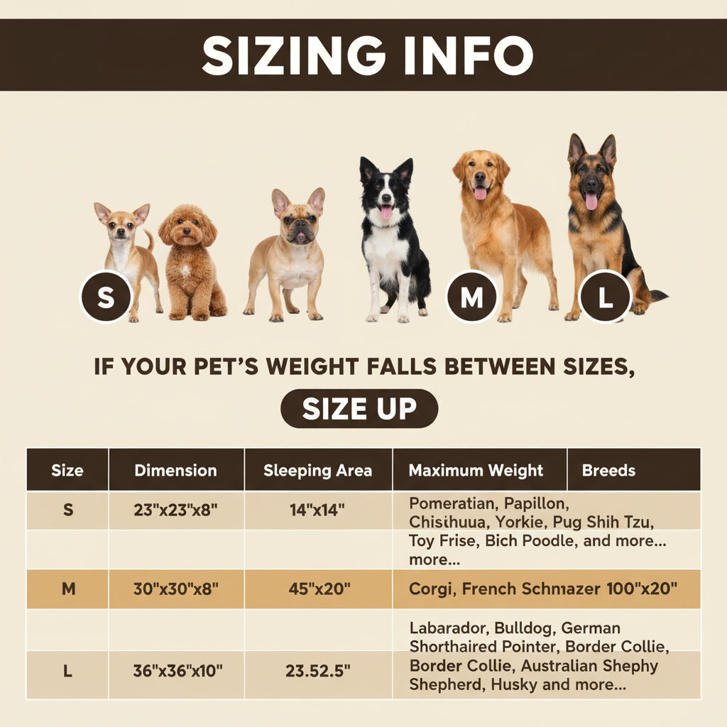 Dog bed sizing chart with images of dogs and dimensions