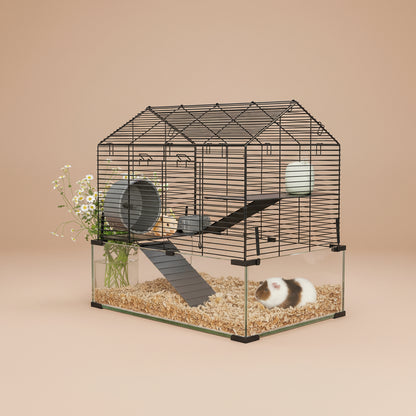 Pet cage with a small animal inside on a beige background