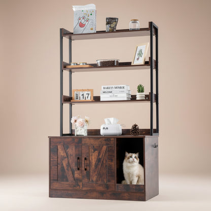 Cat Litter Box Enclosure, Hidden Litter Box Furniture with 3 Storage Shelves, Wooden Cat Washroom Indoor, Large Cat House Cabinet Hidden Fit Most Litter Box, 33.5'L X 19.3'W X 58.7'H, Dark Brown