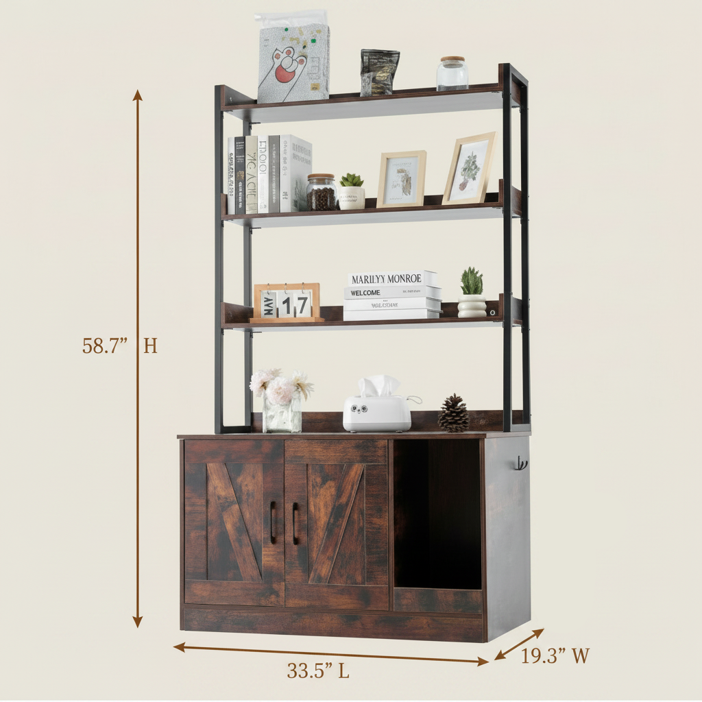 Multilevel litter box enclosure with decorative items and measurement displays.