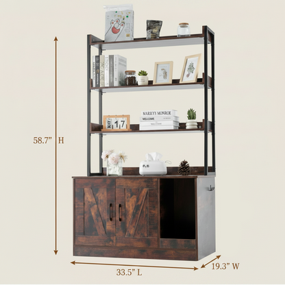 Multilevel litter box enclosure with decorative items and measurement displays.