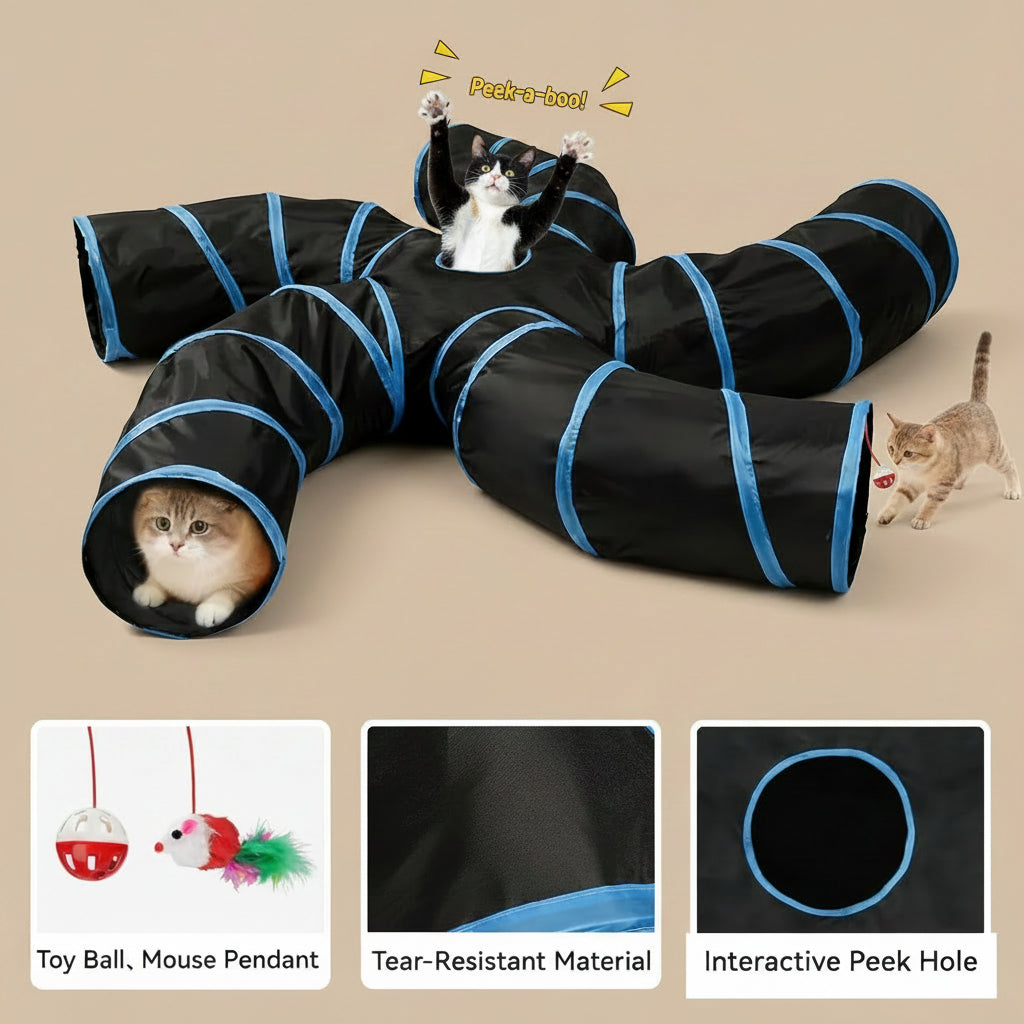 Black and blue pet tunnel with cats playing inside on a beige background.
