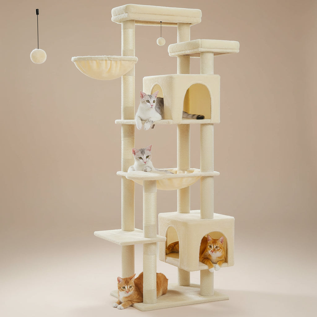 Beige cat tree with multiple levels and a cat sitting on one of the shelves.