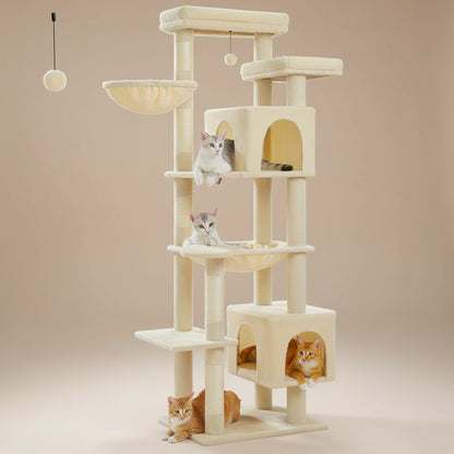 Beige cat tree with multiple levels and a cat sitting on one of the shelves.