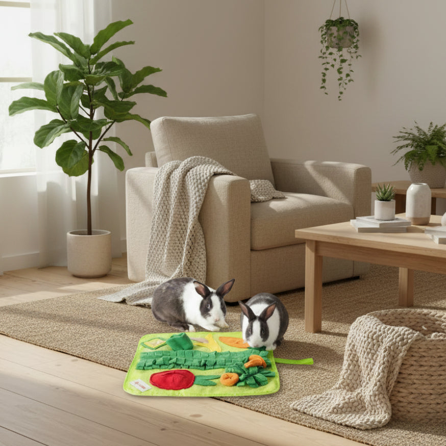 Rabbits playing with a green toy mat with vegetables on a white background