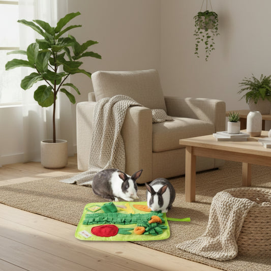 Rabbits playing with a green toy mat with vegetables on a white background