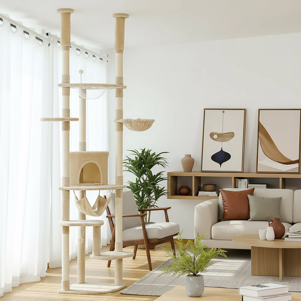 Height 230-252CM Cactus Cat Tree Floor to Ceiling with Green Leaves Tall Tower 7 Tiers Climbing Tree with Cozy Hammocks Condos