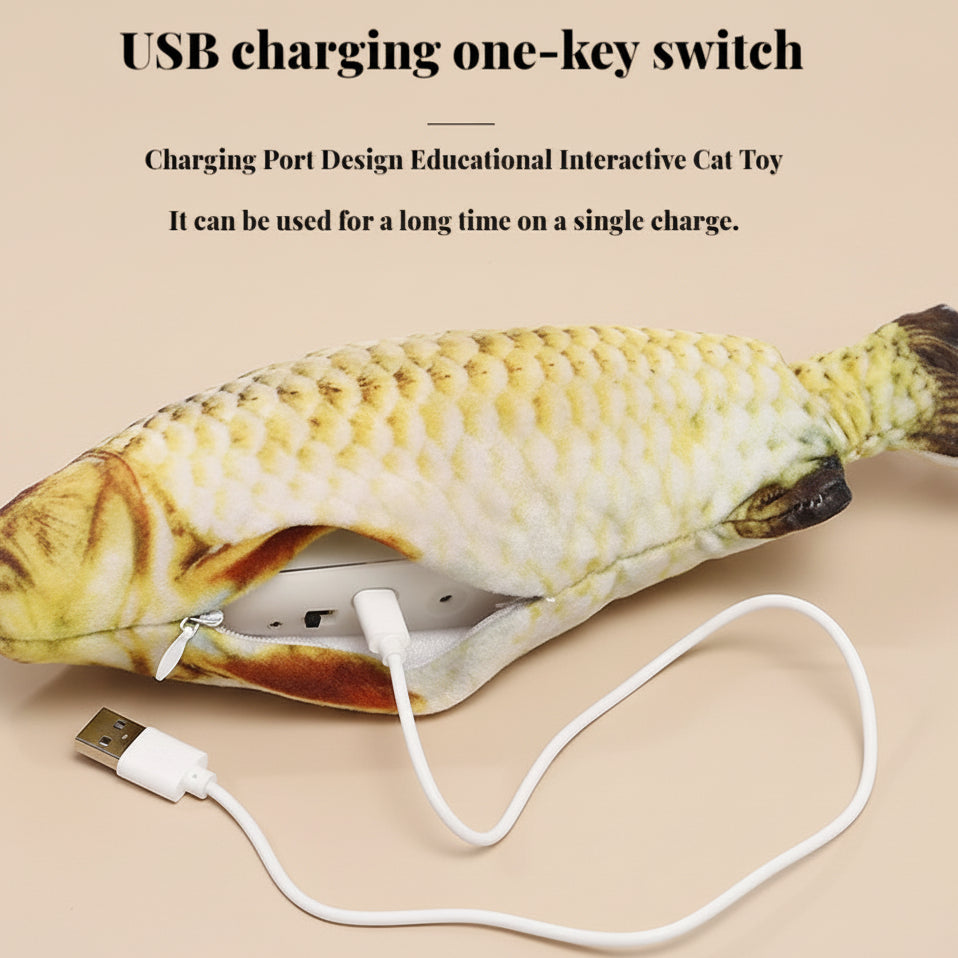 Cat toy shaped like a fish with a USB charging port on a beige background