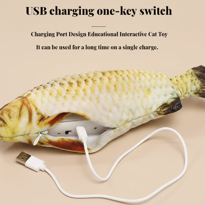 Cat toy shaped like a fish with a USB charging port on a beige background