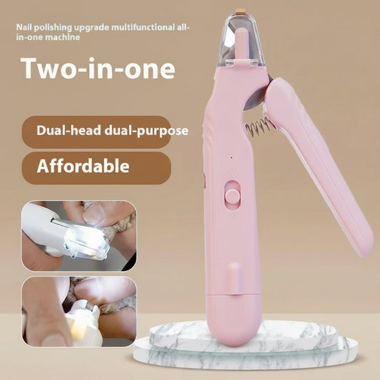 Pink nail polishing machine with dual heads on a beige and brown background