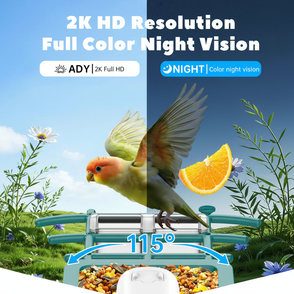 Bird perched on a feeder with text about 2K HD resolution and full color night vision.